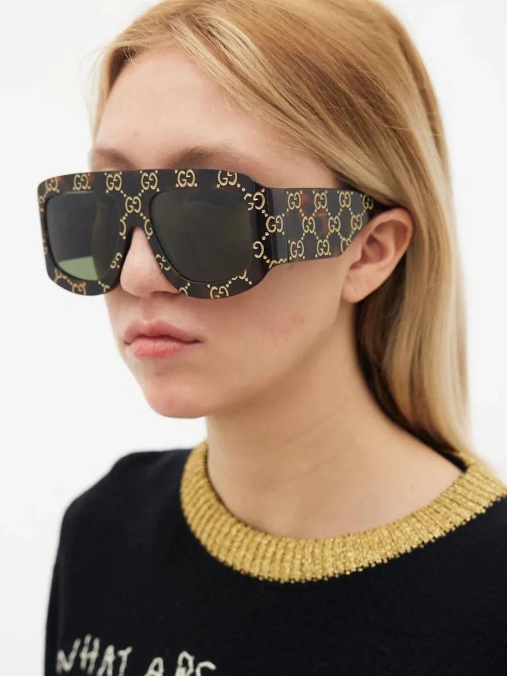 Gucci GG0983S 004 Square Sunglasses - Black With Gold GG Pattern\Grey